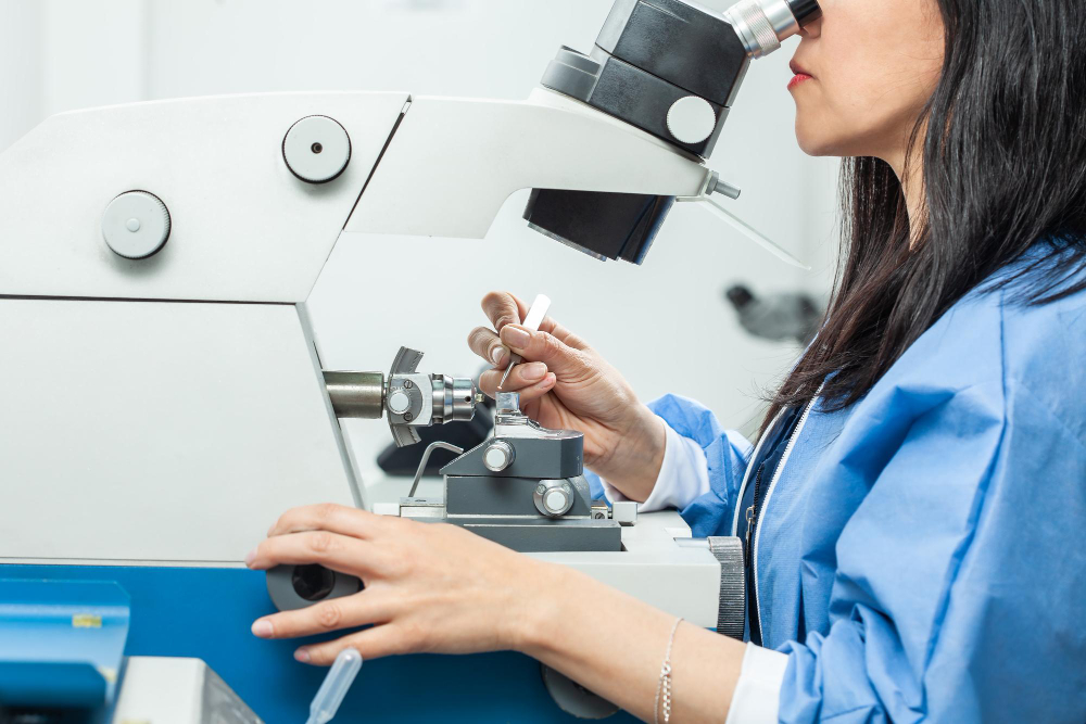 female scientist placing sample transmission electron microscopy grid